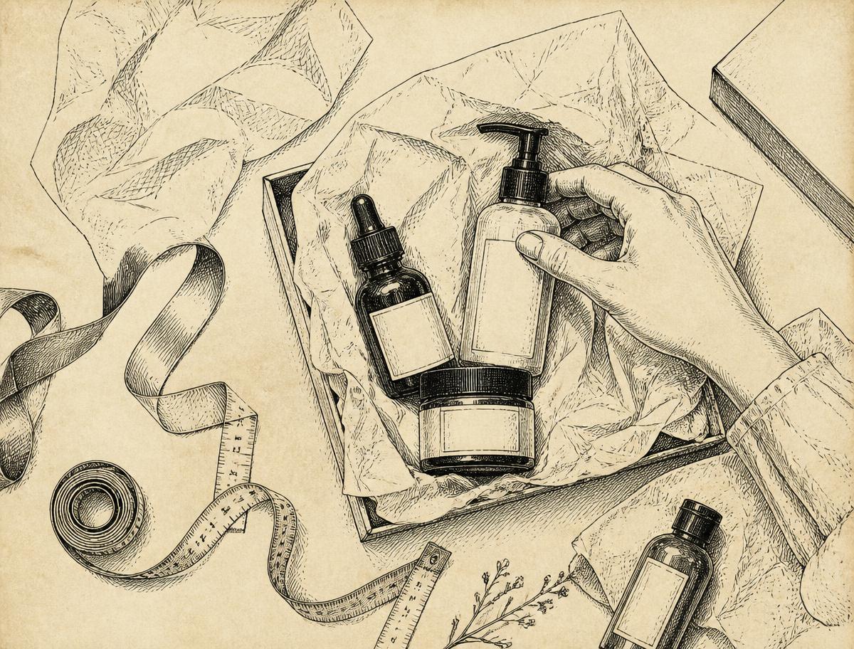 Ink sketch of a product flat-lay being arranged with bottles, ribbon and tissue paper