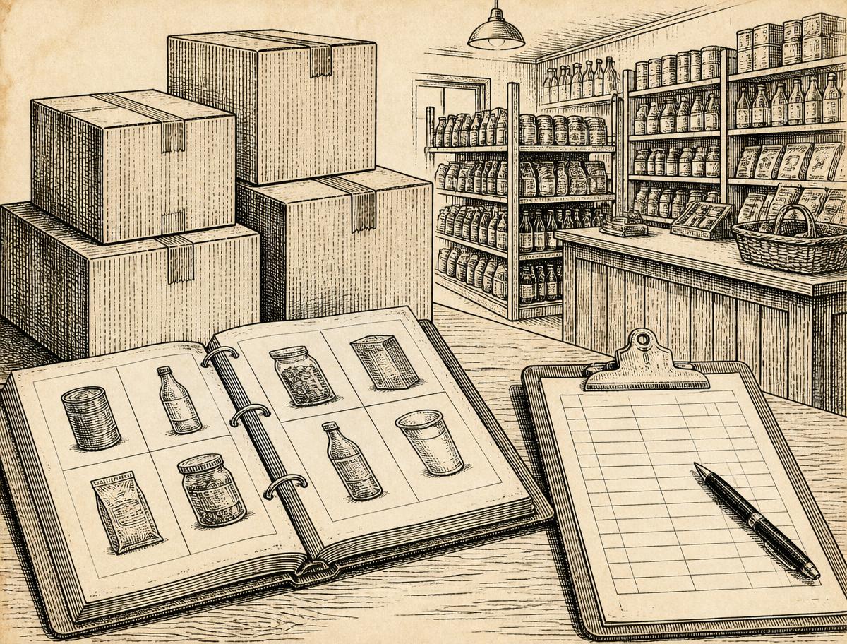 Ink sketch of shipping cartons, an open wholesale catalog binder and a retail shop interior