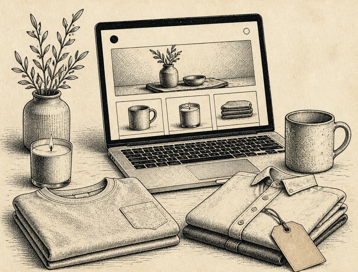 Ink sketch of a boutique brand storefront on a laptop surrounded by folded apparel and ceramics