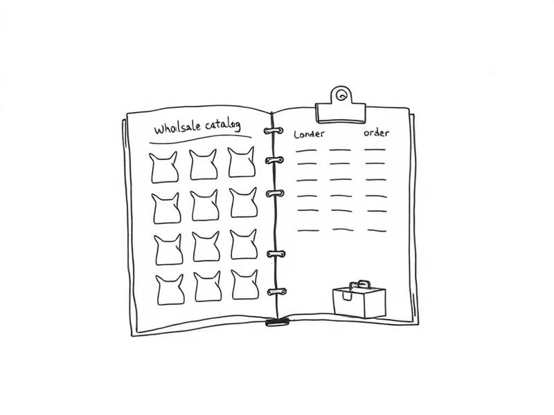 Loose ink sketch of an open wholesale catalog next to an empty order form