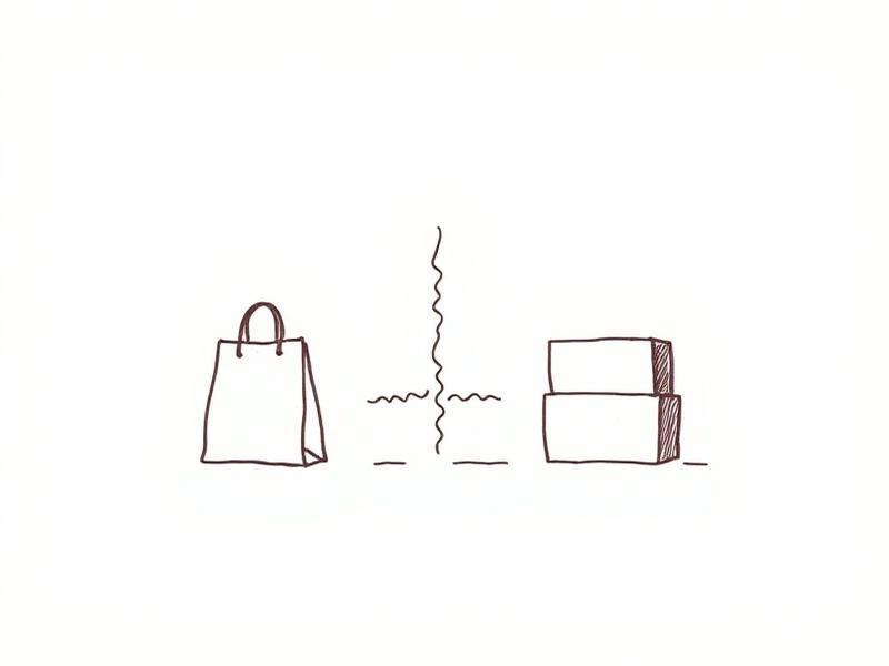 Loose ink sketch of a shopping bag and stacked boxes separated by a broken line