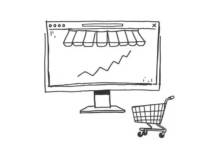 Loose ink sketch of a storefront page beside an abandoned shopping cart